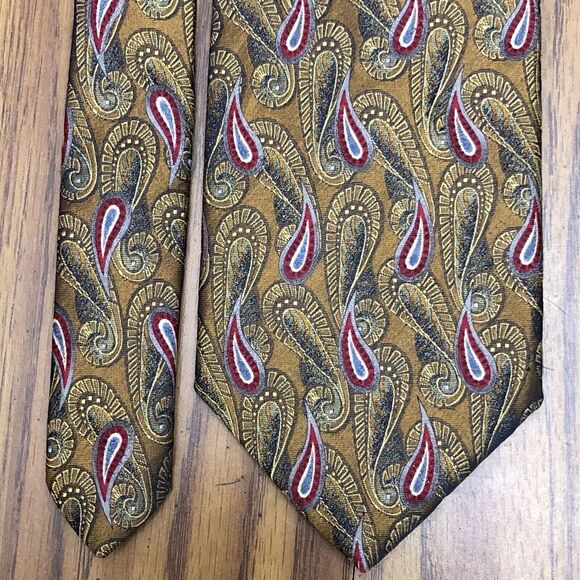 Robert Talbott Thick Woven Gold Gray Ruby Red Maxi Paisley Silk Tie Hand Sewn US - Picture 1 of 8